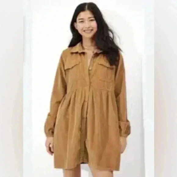 American Eagle Light Brown Tan Corduroy Button Up Shirt Dress Women’s Size XS AE - Picture 6 of 6